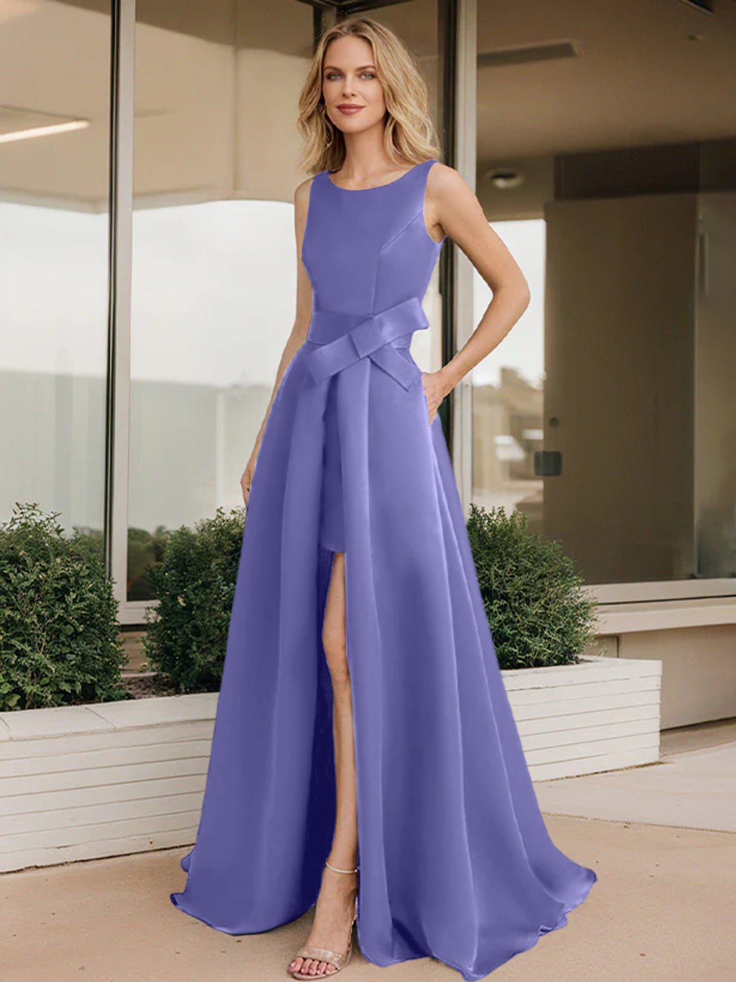 knee length dresses for ladies A-Line/Princess Scoop Neck Pleated Ruffle Satin Floor-Length Mother of –  Shirees main image 1
