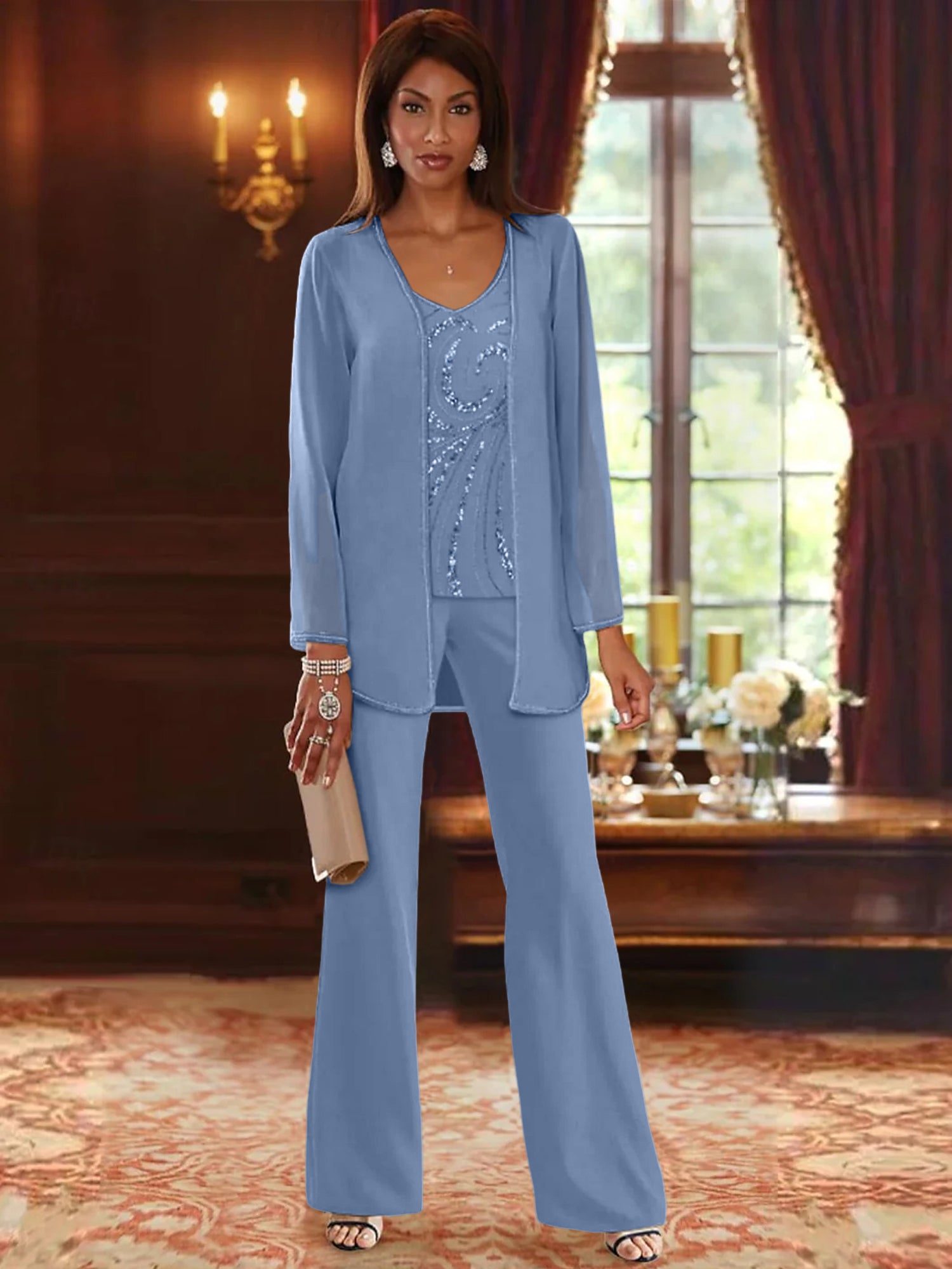 Chiffon V-Neck Floor-Length 3 Pieces Mother of the Bride Pantsuits