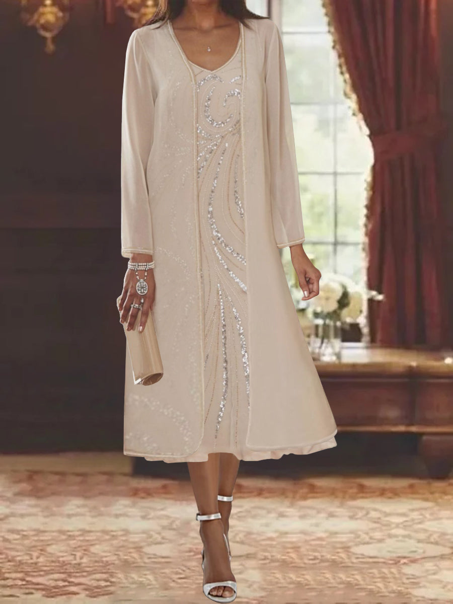 Sheath/Column V-Neck Long Sleeves Tea-Length Mother of the Bride Dresses  with Jacket & Sequins