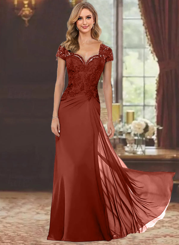 Sheath/Column Sweetheart Short Sleeves Floor-Length Mother of the Bride  Dresses with Appliques Lace